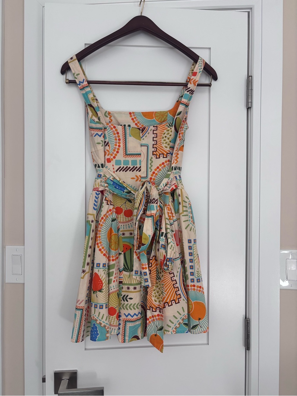 Cream Fruit Print Mini Dress with Square Neckline - Picture 2 of 7